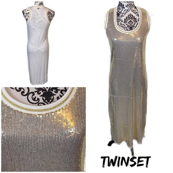 Twinset sequin midi jersey dress.  Ribbed back. Gold and cream - Picture 1 of 10